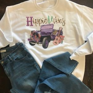 Hippie Vibes Custom Graphic White Sweatshirt - NWT